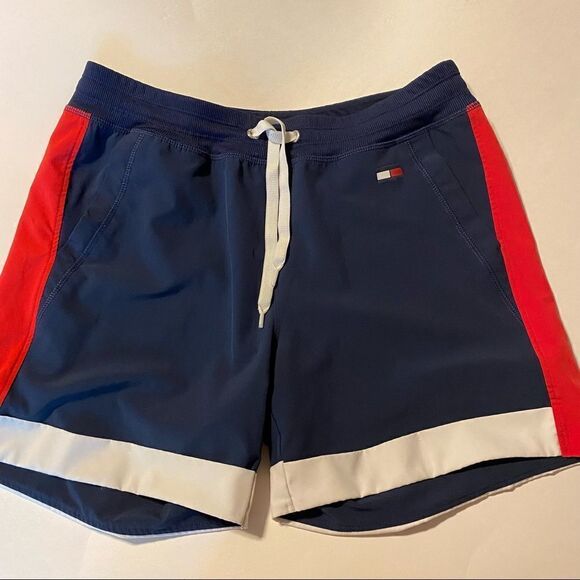 Tommy Hilfiger hi rise sports shorts navy red drawstring 5” lined shorts S/M - Picture 1 of 10
